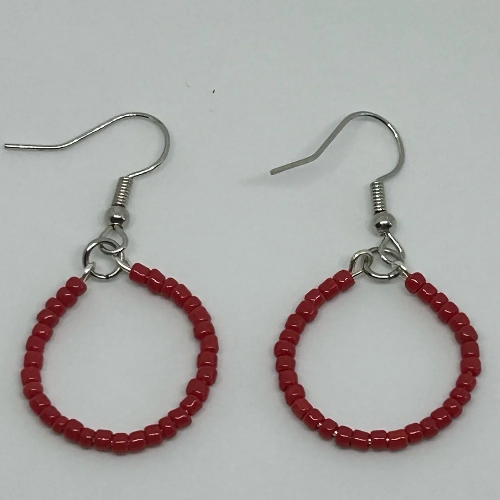 Small beaded hoop earrings red seed bead earrings handmade